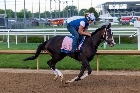 Good Cheer trains at Churchill Downs ahead of her Kentucky Oaks victory