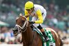 Daniel Alonso&#39;s Skippylongstocking and jockey Irad Ortiz, Jr., right, hold off Midnight Mammoth (Armando Ayuso up), inside, to win the Grade II $200,000 Hollywood Gold Cup  Monday, May 26, 2025 at Santa Anita Park, Arcadia, CA.
Benoit Photo.
