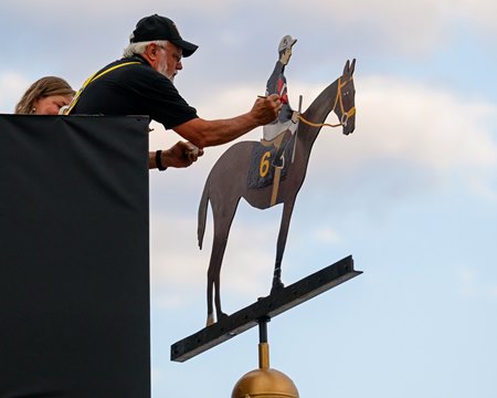 Journalism's 2025 Preakness Stakes win is celebrated with the painting of the weather vane