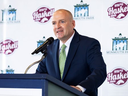 John Heims, the 2025 recipient of the Virgil 'Buddy' Raines Award, speaks at the Monmouth Park Opening Day Press Conference