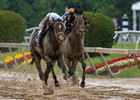 Margie’s Intention with Jockey Flavian Prat, left mo yes in to the lead and takes the win in the 101st running of The George E. Mitchell Black-Eyed Susan Stakes GII at Pimlico Race Track Friday  May 16, 2025 in Baltimore, MD..   Photo by Skip Dickstein
