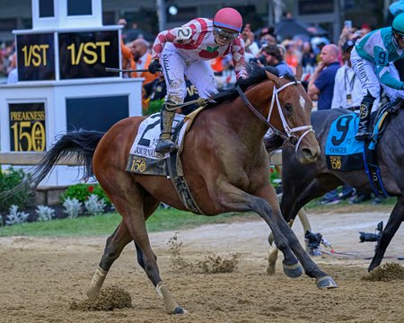Journalism (outside) overtakes Gosger in the final yards of the Preakness Stakes