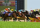 Panja Tower (11) wins scramble to the finish in the NHK Mile (G1) May 11 at Tokyo Racecourse.