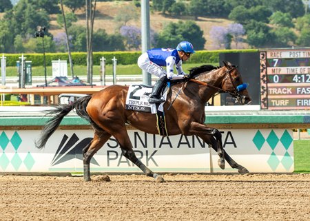 Nysos wins the Triple Bend Stakes at Santa Anita Park