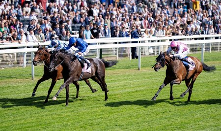 Rebel's Romance (blue silks) prevails in the Yorkshire Cup at York Racecourse