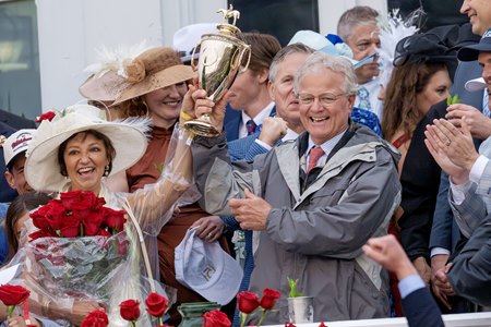 Bill Mott celebrates Sovereignty's victory in the Kentucky Derby at Churchill Downs