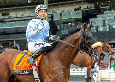 Atitlan, under Hector Berrios, after winning the 2025 Charlie Whittingham Stakes at Santa Anita Park