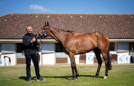 George Boughey with stable star Believing in February at the trainer's new base, Craven House Stables