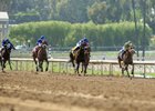 Om N Joy and jockey Kent Desormeaux, right, challenge for the lead in mid-stretch and go on to  win the $125,000 Melair Stakes Stakes Saturday, May 24, 2025 at Santa Anita Park, Arcadia, CA. 
Benoit Photo