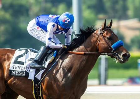 Nysos wins the Triple Bend Stakes at Santa Anita Park