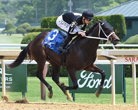 Sassy C W is alone at the wire in the Astoria Stakes at Saratoga Race Course