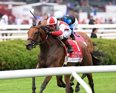 Dynamic Pricing holds off Excellent Turth (outside) to win the Just a Game Stakes at Saratoga Race Course