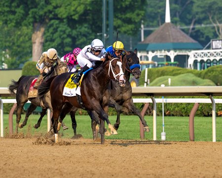 Patch Adams with Luis Saez wins the Woody Stephens Stakes at Saratoga Race Course