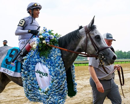 Ag Bullet enters the winner's circle after taking the Jaipur Stakes at Saratoga Race Course