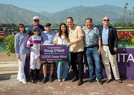 Trainer Doug O'Neill wins his 3,000th career victory at Santa Anita Park