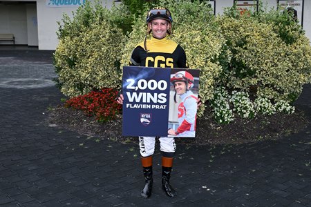 Flavien Prat celebrates his 2,000th North American victory at Aqueduct Racetrack