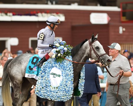 Ag Bullet heads to the winner's circle after winning the 2025 Jaipur Stakes at Saratoga Race Course