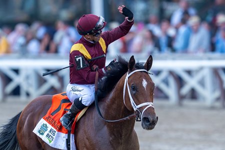 Journalism and jockey Umberto Rispoli return for unsaddling after the colt's runner-up finish in the Belmont Stakes at Saratoga Race Course