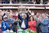 (L-r): Junior Alvarado, Bill Mott, Michael Banahan, Gov. Kathy Hochul, Marc Holliday

Sovereignty with Junior Alvarado wins the Belmont Stakes (G1) at Saratoga Race Course in Saratoga Springs, NY., on June 7, 2025.