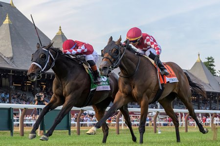 Fionn (outside) battles Nitrogen to the wire in the Belmont Oaks Invitational Stakes at Saratoga Race Course