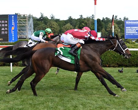 Fionn rallies to win the Belmont Oaks Invitational Stakes at Saratoga Race Course