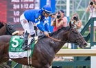 Sovereignty with jockey Junior Alvarado gets his photo taken by the media after winning the 82nd running of The Jim Dandy GII at the Saratoga Race Course Saturday July 26, 2025  in Saratoga Springs, N.Y.  Skip Dickstein Photo