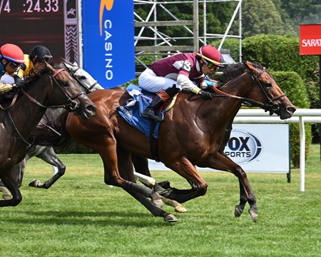 Deep Satin wins the De La Rose Stakes at Saratoga Race Course