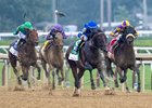 Sovereignty with jockey Junior Alvarado in the saddle moves past the Baeza ridden by Hector Berrios on the way to the win in the 82nd running of The Jim Dandy GII at the Saratoga Race Course Saturday July 26, 2025  in Saratoga Springs, N.Y.  Skip Dickstein Photo