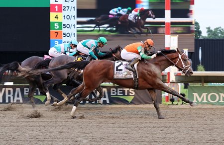 Journalism runs down Gosger and Goal Oriented in the stretch of the Haskell Stakes at Monmouth Park