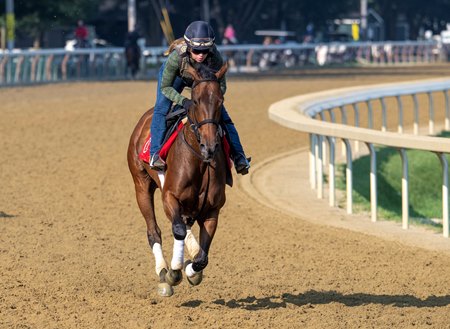 La Cara and exercise rider Mary Rose Hitt train at Saratoga Race Course in July