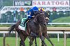 Sovereignty with jockey Junior Alvarado in the saddle moves past the Baeza ridden by Hector Berrios on the way to the win in the 82nd running of The Jim Dandy GII at the Saratoga Race Course Saturday July 26, 2025  in Saratoga Springs, N.Y.  Skip Dickstein Photo