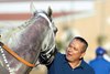Trainer Librado Barocio has a moment with Lovesick Blues after their victory in the Grade I $400,000 Bing Crosby Stakes Saturday, July 26, 2025 at Del Mar Thoroughbred Club, Del Mar, CA. 
Benoit Photo