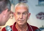 Trainer Dan Ward is interviewed at the Post Position Draw and Press Conference for the 2025 Haskell Stakes at Monmouth Park Racetrack in Oceanport, NJ on Tuesday July 15, 2025. Ward will send out Wildncrazynight in the Haskell on Saturday.  Photo By Bill Denver/EQUI-PHOTO