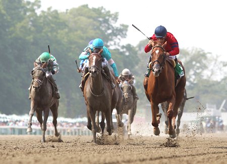 Running Away (inside) wins the Monmouth Oaks at Monmouth Park