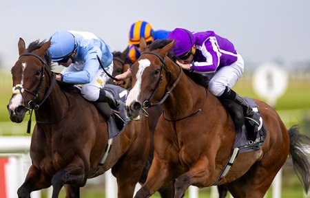 Minnie Hauk (purple cap) prevails in the Irish Oaks at the Curragh