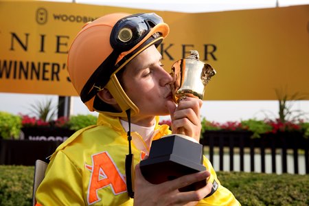 Pietro Moran celebrates a victory aboard Mansetti in the 2025 King's Plate Stakes at Woodbine
