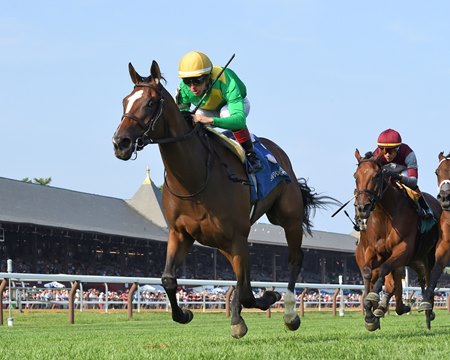 Ozara wins the Ballston Spa Stakes at Saratoga Race Course