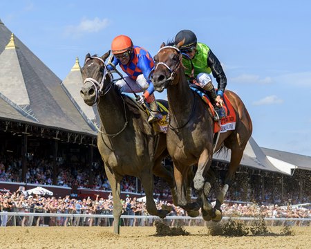 Thorpedo Anna (inside) wins the Personal Ensign Stakes at Saratoga Race Course