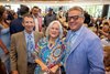 Jockey Stuart Elliott, left owner Pat Chapman, center and trainer John Servis were reunited for the installing of their horse Smarty Jones at the Hall of Fame inductions held at the Fasig Tipton Sales Pavilion Friday August 1, 2025 in Saratoga Springs, N.Y.  Skip Dickstein Photo