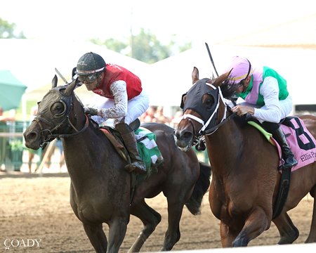 Regaled (left) finishes a close second in the Groupie Doll Stakes at Ellis Park