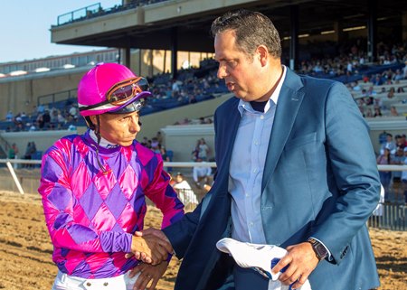 Jockey Antonio Fresu (left) with trainer Phil D'Amato in 2025 at Del Mar