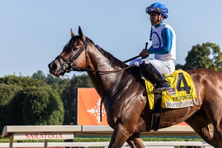 Paco Lopez aboard Book'em Danno after his victory in the Forego Stakes at Saratoga Race Course