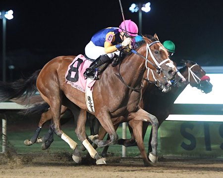 Ritzaphena takes the Prairie Meadows Debutante Stakes at Prairie Meadows
