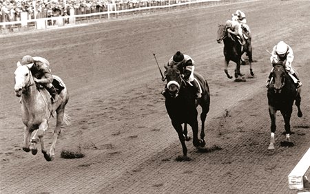 Runaway Groom (outside) defeats three Triple Crown race winners in the 1982 Travers Stakes at Saratoga Race Course