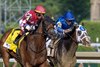 Nitrogen with jockey Jose Ortiz #4 out duels Good Cheer with jockey Luis Suez to win in the 145th running of The Alabama presented by Keeneland Sale leaves the gate at the Saratoga Race Course  Saturday August 16,  2025 in Saratoga Springs, N.Y.  Skip Dickstein Photo