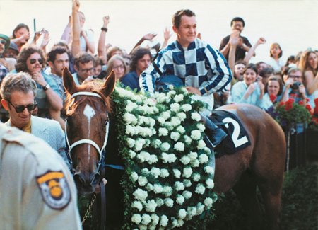 Ron Turcotte aboard Secretariat in the winner's circle after their victory in the 1973 Belmont Stakes at Belmont Park