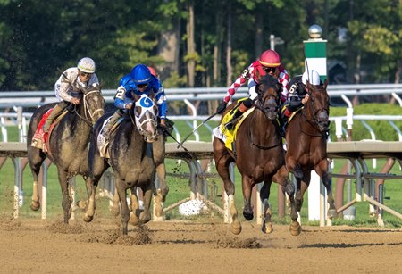 Nitrogen (center) wins the Alabama Stakes at Saratoga Race Course