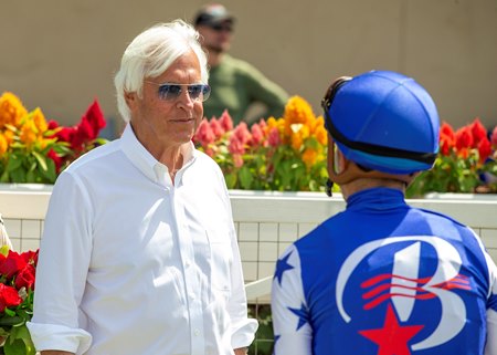 Trainer Bob Baffert in the winner's circle after Himika's victory in the Sorrento Stakes at Del Mar