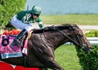 Jockey Kendrick Carmouche celebrates on Deterministic after winning the 41st running of The Fanduel Fourstardave at the Saratoga Race Course Saturday August 2, 2025 in Saratoga Springs, N.Y.  Photo by Skip Dickstein