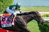 Jockey Kendrick Carmouche celebrates on Deterministic after winning the 41st running of The Fanduel Fourstardave at the Saratoga Race Course Saturday August 2, 2025 in Saratoga Springs, N.Y.  Photo by Skip Dickstein